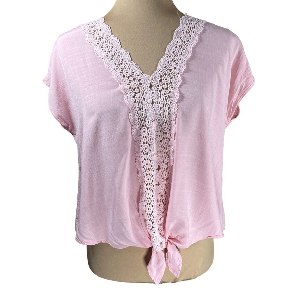 Shein Women's Tie Front Top Cap Sleeve Crochet Lightweight Pink Size S Small